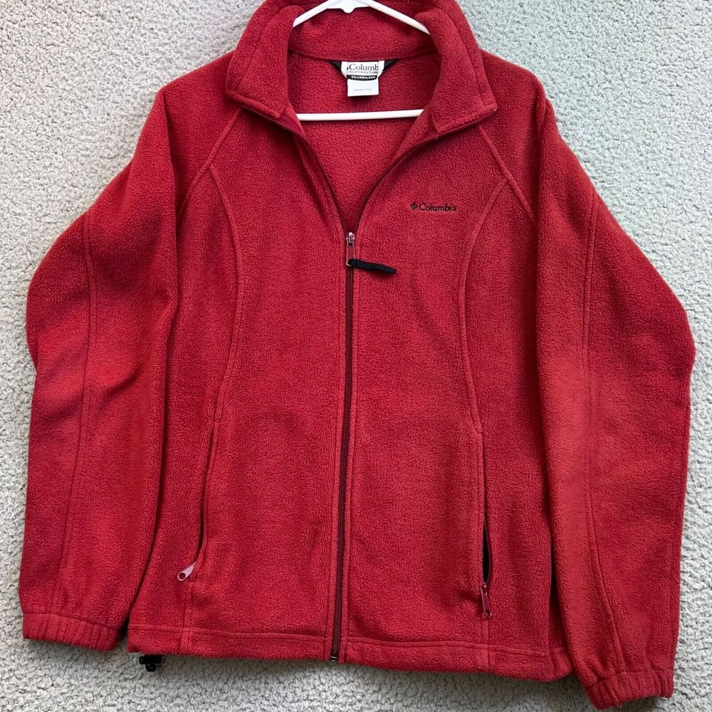 Columbia Sports  Womens Zipper Jacket Red Fleece Pockets Collar Long Sleeve Sz L
